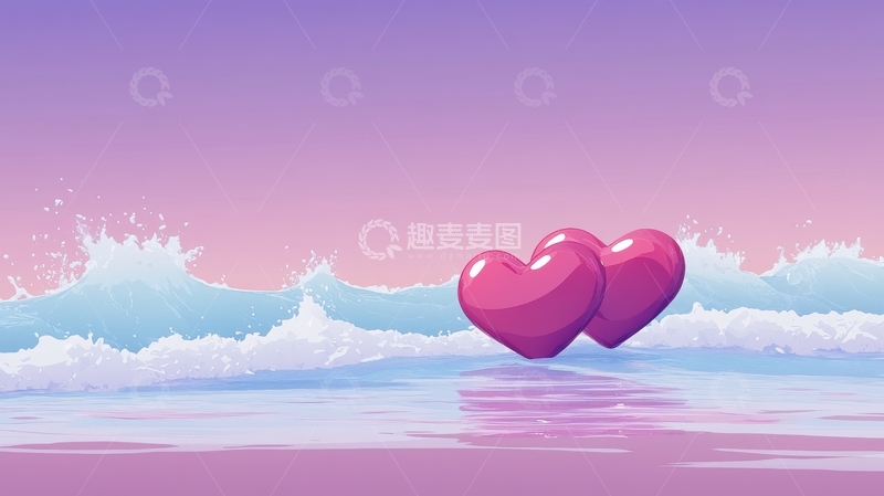 高清大图下载【趣麦麦图】海边双心，浪漫粉色背景