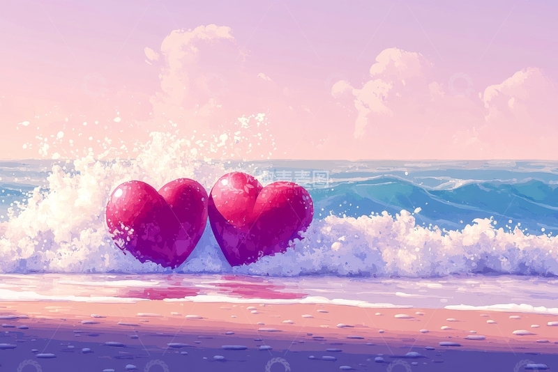 高清大图下载【趣麦麦图】海边浪花中的两颗红心