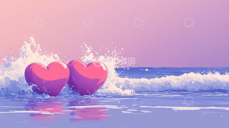 高清大图下载【趣麦麦图】海边浪花中的两颗爱心