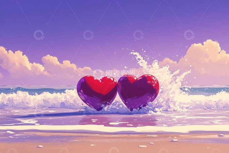 高清大图下载【趣麦麦图】海边的两颗心形物体与海浪互动