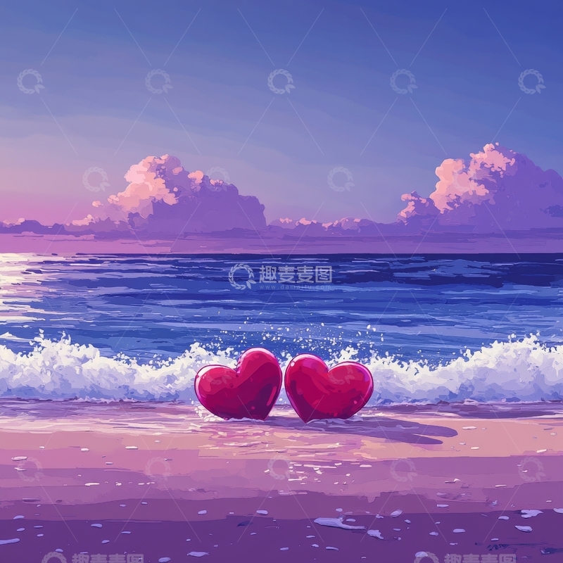 高清大图下载【趣麦麦图】海边的两颗红心