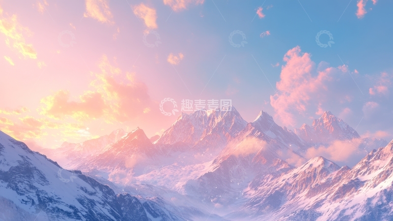 高清大图下载【趣麦麦图】雪山日出，粉蓝天空