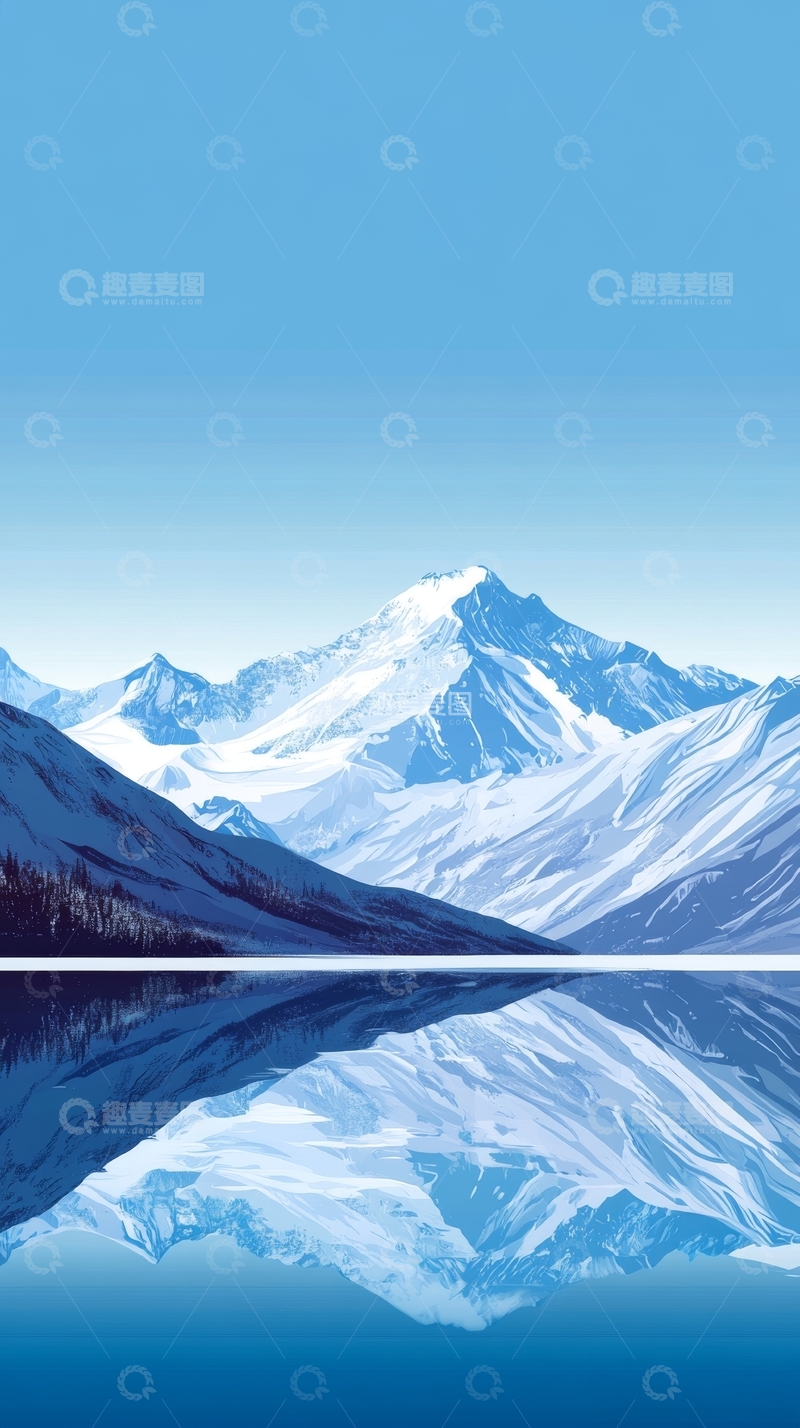 高清大图下载【趣麦麦图】雪山倒映湖面，蓝天静谧