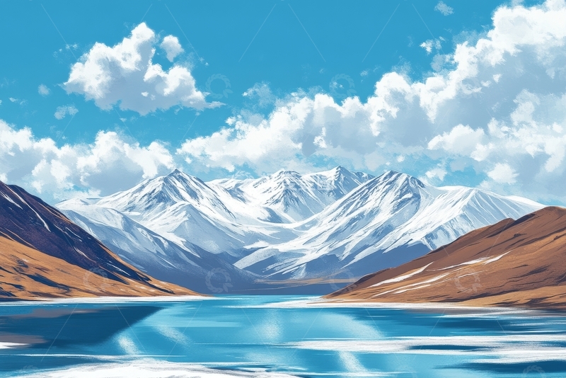 高清大图下载【趣麦麦图】雪山湖泊，蓝天白云映衬