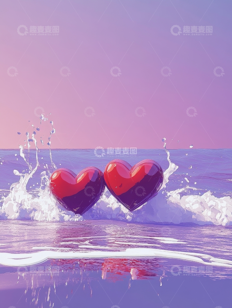 高清大图下载【趣麦麦图】海浪中的红色心形物体
