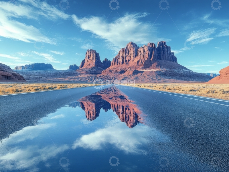 高清大图下载【趣麦麦图】沙漠公路与山峰倒影