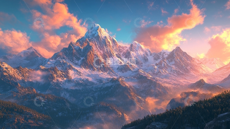 高清大图下载【趣麦麦图】雪山日落，云雾缭绕的壮丽景色