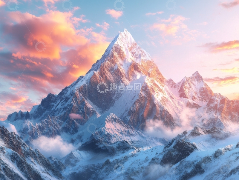 高清大图下载【趣麦麦图】雪山之巅的壮丽日落