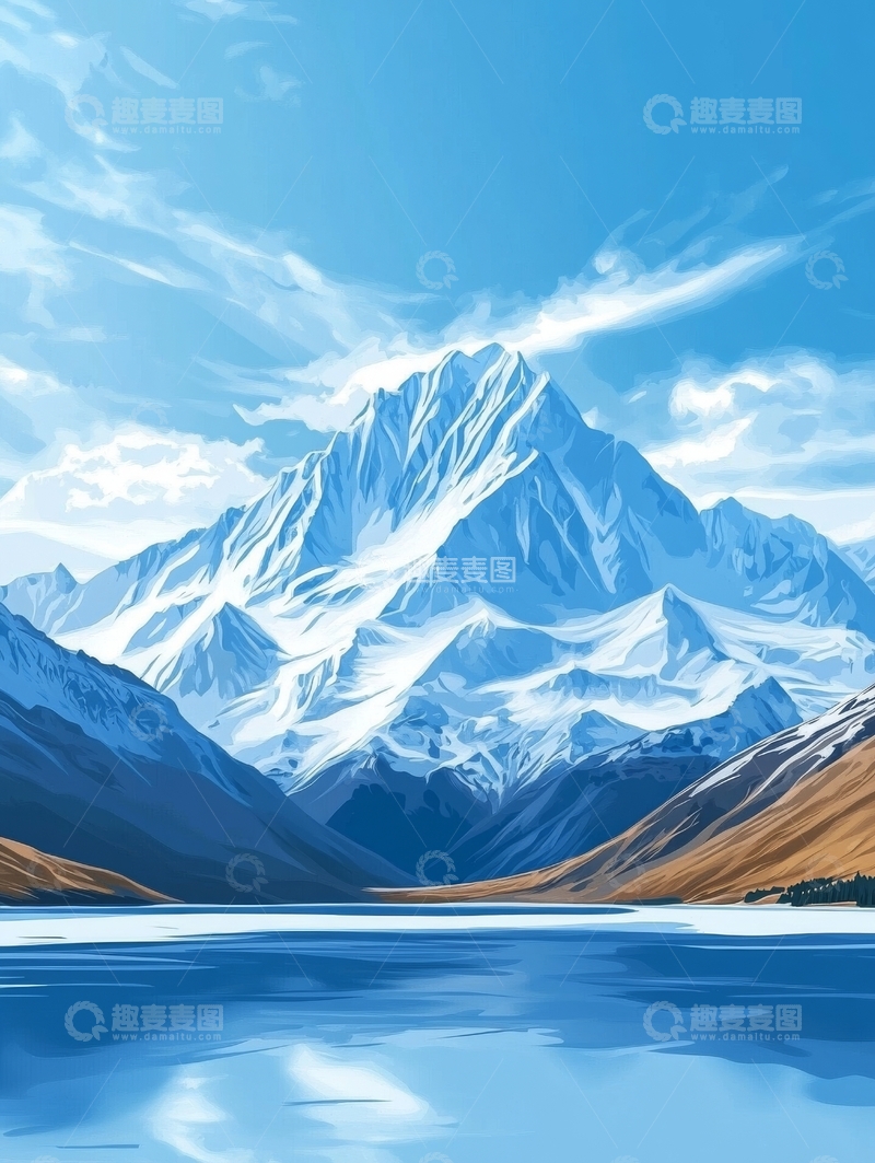 高清大图下载【趣麦麦图】雪山映湖，蓝天白云