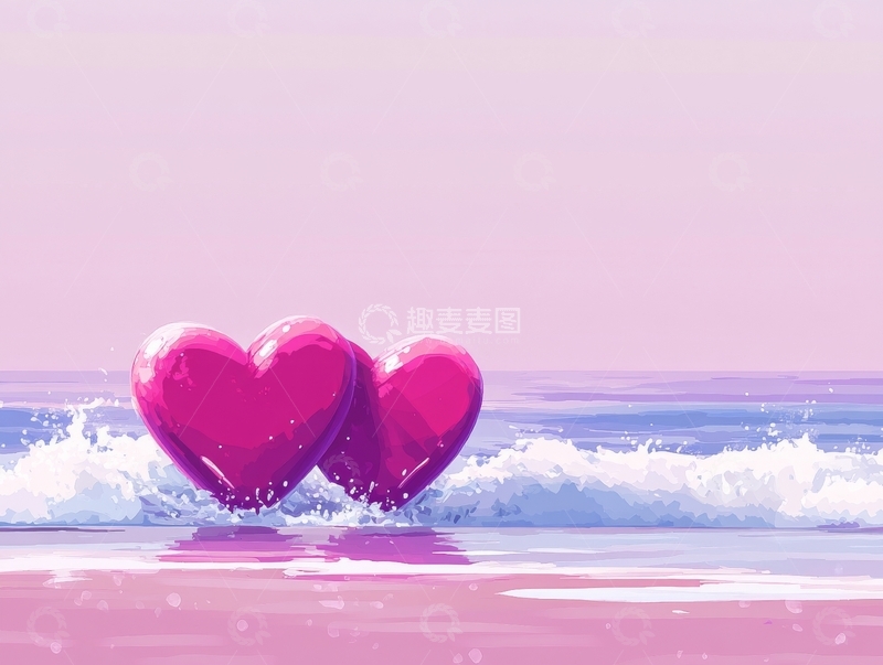 高清大图下载【趣麦麦图】海边的两颗红色爱心