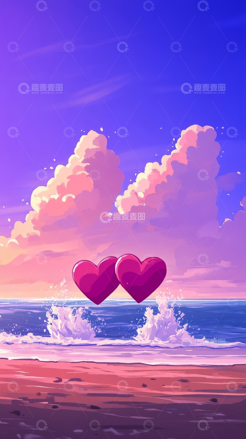 高清大图下载【趣麦麦图】海边日落双心相映