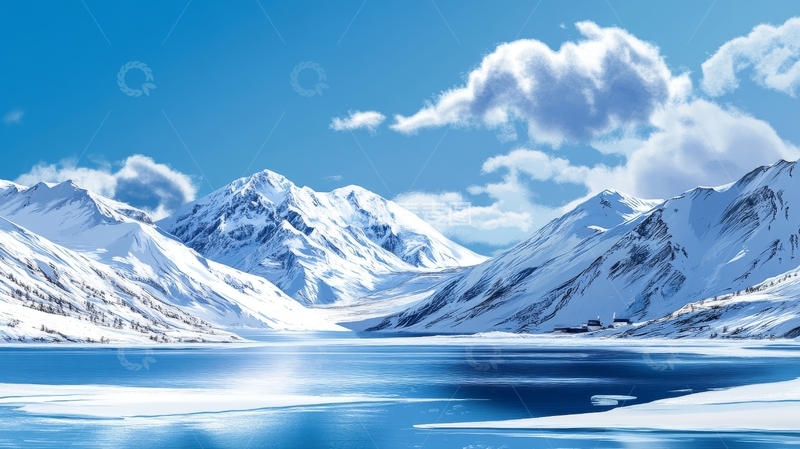 高清大图下载【趣麦麦图】雪山湖泊，蓝天白云映衬