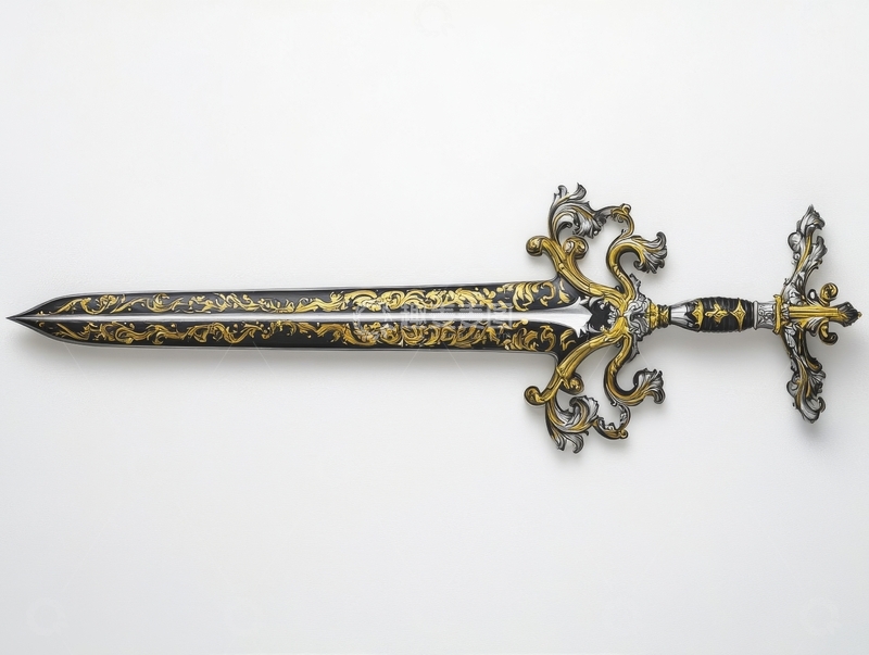 高清大图下载【趣麦麦图】华丽装饰的剑，金色花纹与黑色刀身