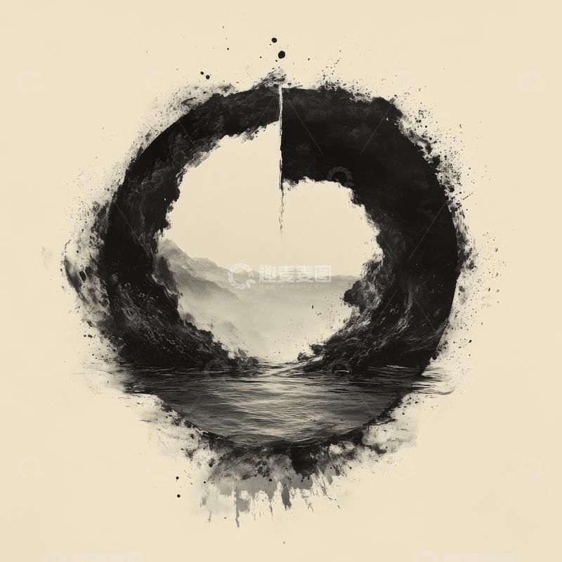 高清大图下载【趣麦麦图】水墨圆环中的山水倒影