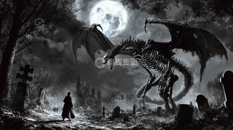 高清大图下载【趣麦麦图】月夜墓地，龙骨飞翔