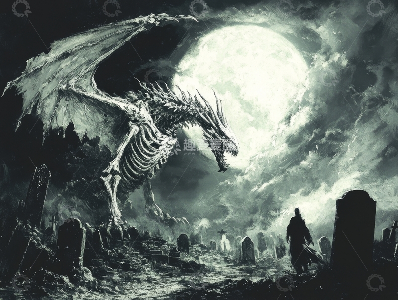 高清大图下载【趣麦麦图】月夜墓地，骷髅巨龙