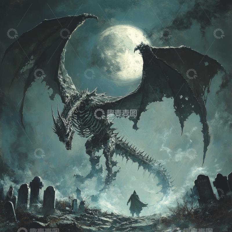 高清大图下载【趣麦麦图】月夜墓地，巨龙翱翔