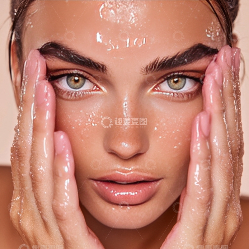 高清大图下载【趣麦麦图】双手轻抚湿润面庞的女性特写