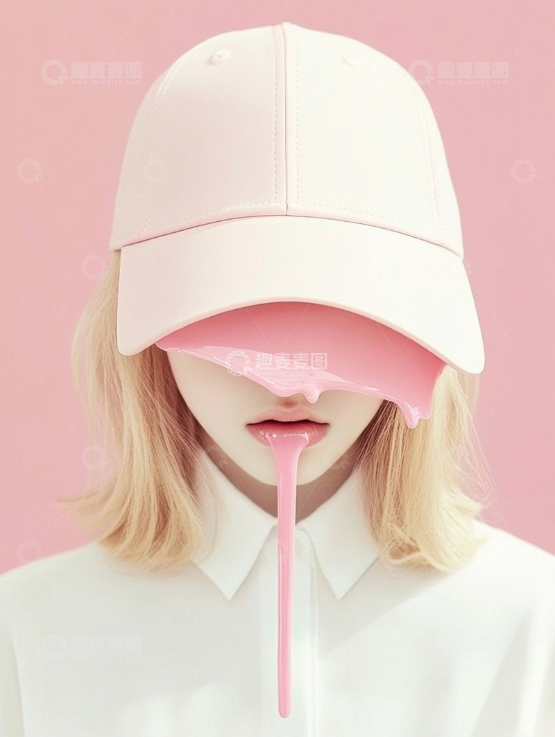 高清大图下载【趣麦麦图】粉色帽子遮面，吸管置于唇间的人物肖像