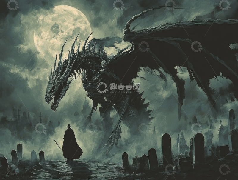 高清大图下载【趣麦麦图】月夜墓地，巨龙与孤影