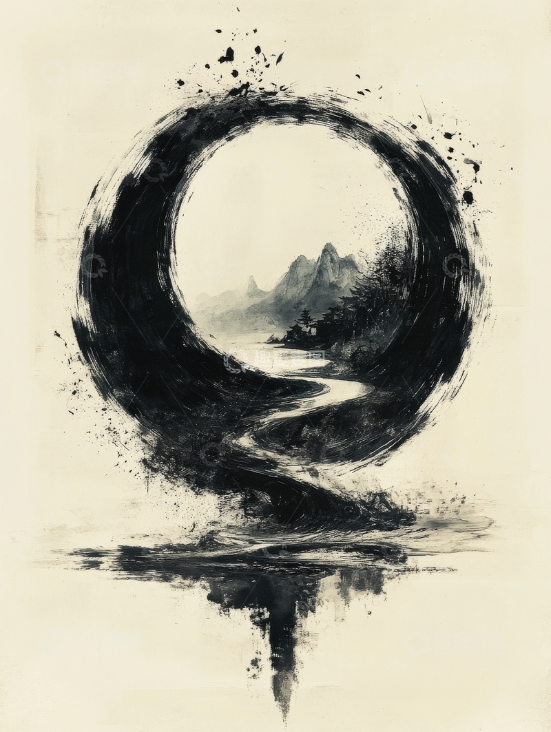 高清大图下载【趣麦麦图】山水环形墨画