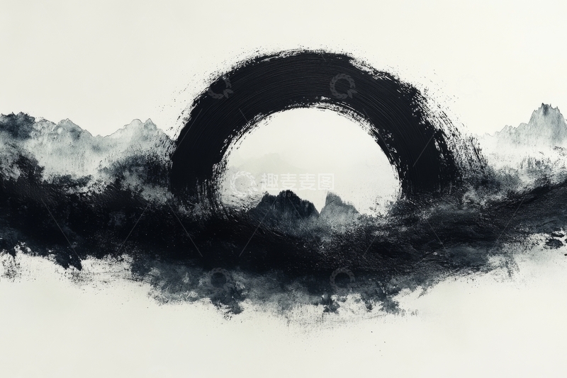 高清大图下载【趣麦麦图】墨色山峦与圆环的抽象艺术