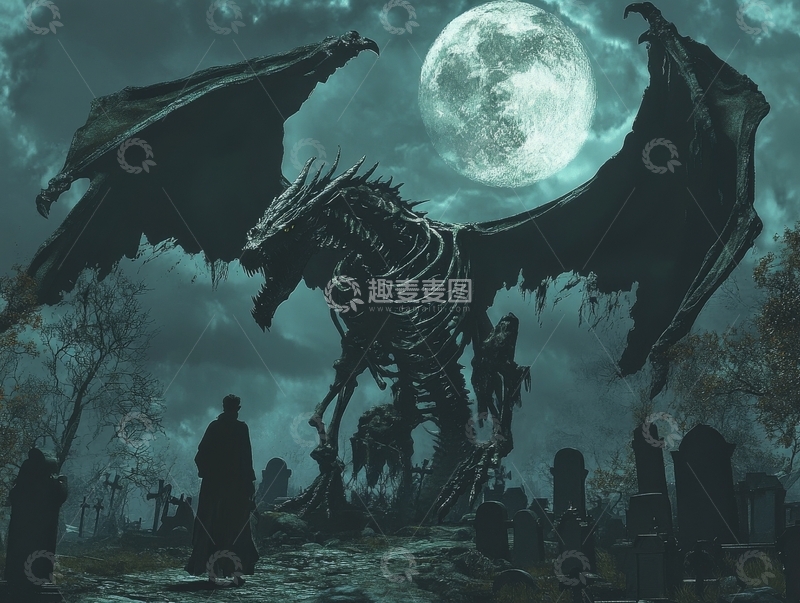 高清大图下载【趣麦麦图】月夜墓地，骷髅巨龙