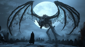 月夜下的骷髅巨龙与孤独身影