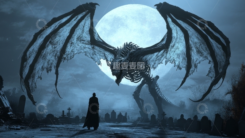 高清大图下载【趣麦麦图】月夜下的骷髅巨龙与孤独身影