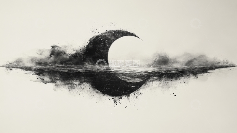 高清大图下载【趣麦麦图】水中新月，烟雾缭绕