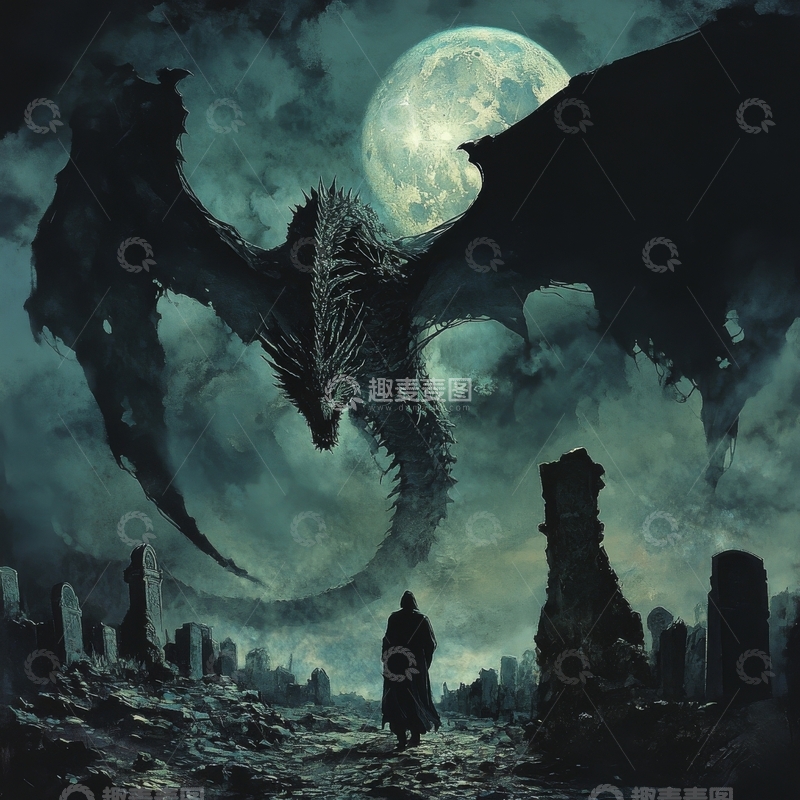 高清大图下载【趣麦麦图】月夜下的巨龙与孤独旅人
