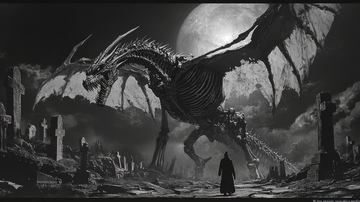 月夜下的骷髅巨兽与孤独旅人