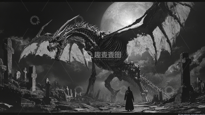 高清大图下载【趣麦麦图】月夜下的骷髅巨兽与孤独旅人