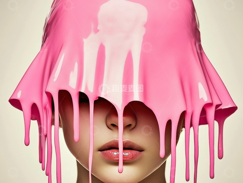 高清大图下载【趣麦麦图】粉色颜料倾泻覆盖面部的艺术肖像