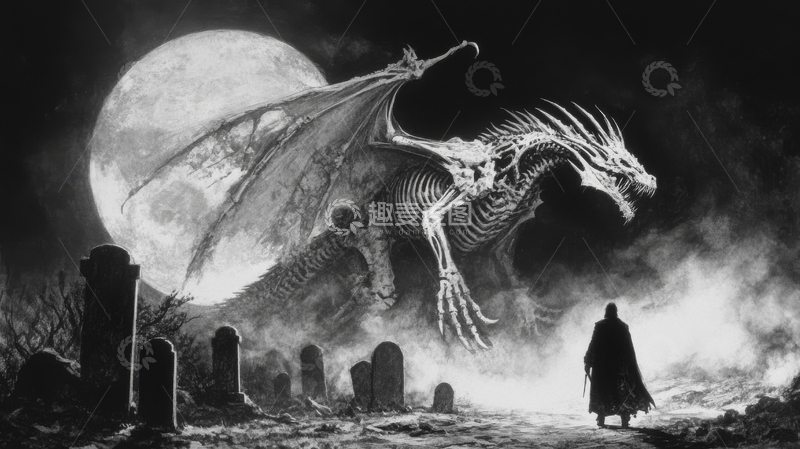 高清大图下载【趣麦麦图】月夜墓地，骷髅巨龙与孤影