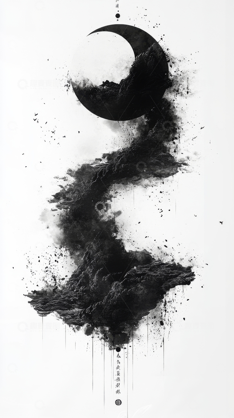高清大图下载【趣麦麦图】墨色新月与流动线条的艺术融合