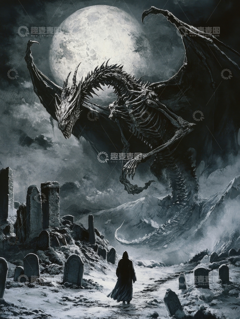 高清大图下载【趣麦麦图】月夜墓地，巨龙盘旋
