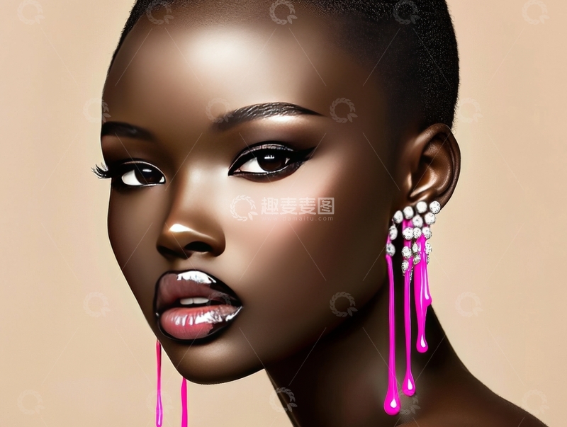 高清大图下载【趣麦麦图】黑发女性佩戴粉色流苏耳环