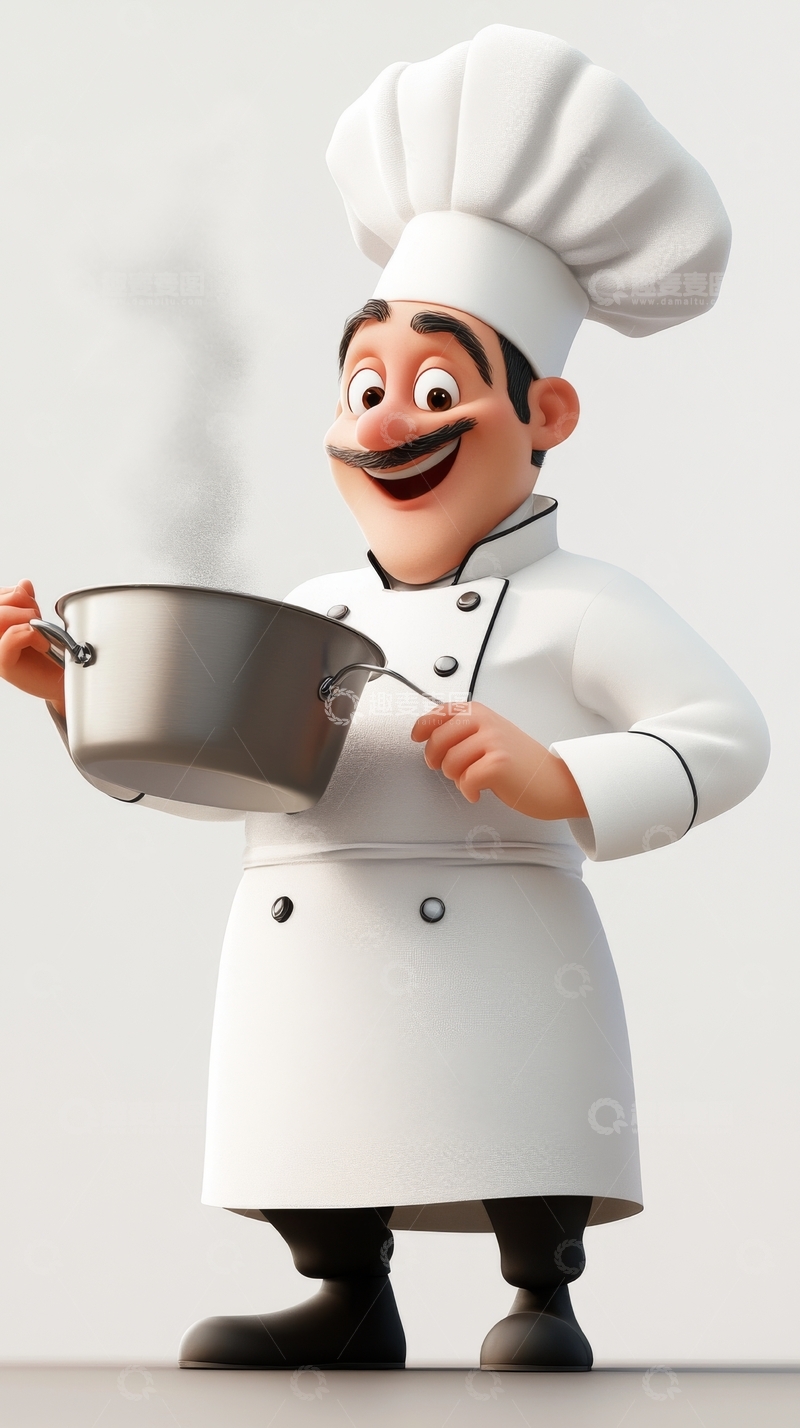 高清大图下载【趣麦麦图】厨师手持锅具，蒸汽袅袅