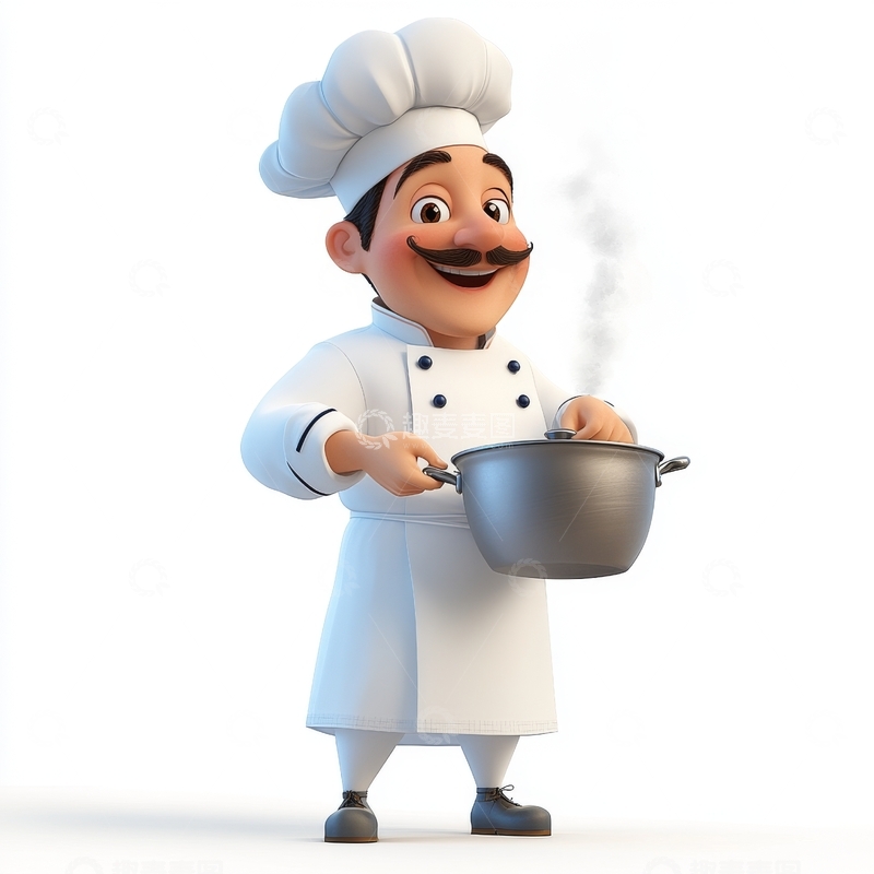 高清大图下载【趣麦麦图】卡通厨师手持锅具，蒸汽袅袅