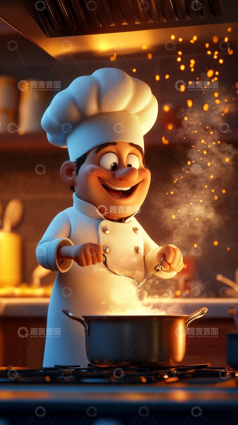 高清大图下载【趣麦麦图】厨师烹饪美食，厨房火花四溅
