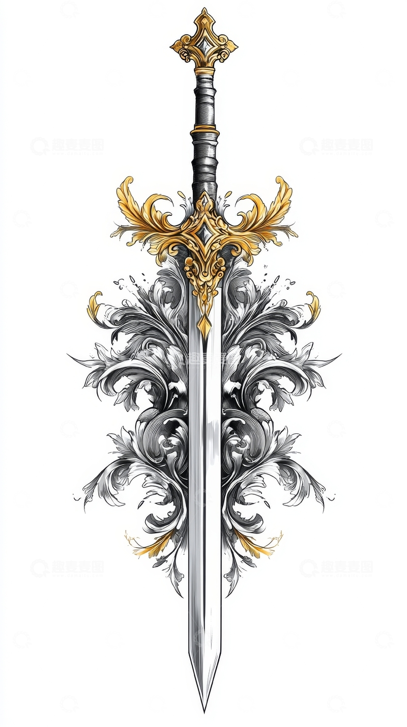 高清大图下载【趣麦麦图】华丽的银色与金色装饰剑
