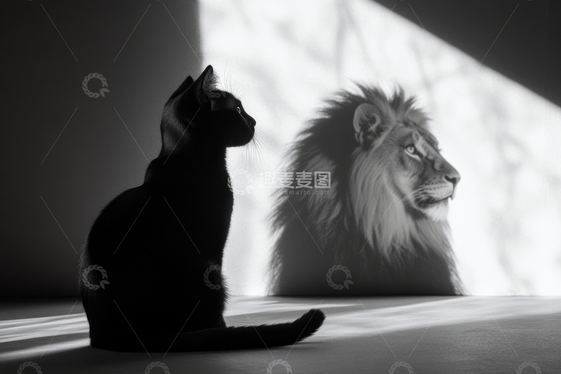 高清大图下载【趣麦麦图】猫与狮的光影对话