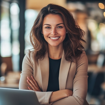 微笑女性在咖啡馆办公