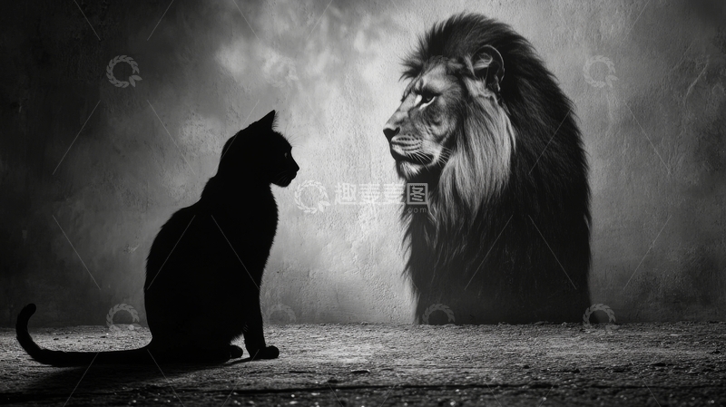 高清大图下载【趣麦麦图】猫与狮的对视
