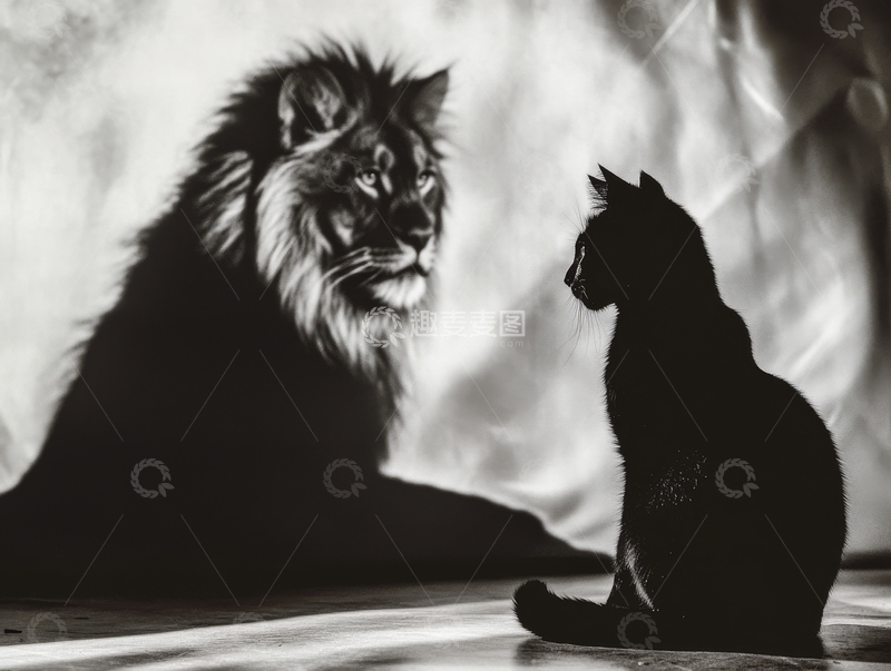 高清大图下载【趣麦麦图】黑白对比：狮子与猫的对视