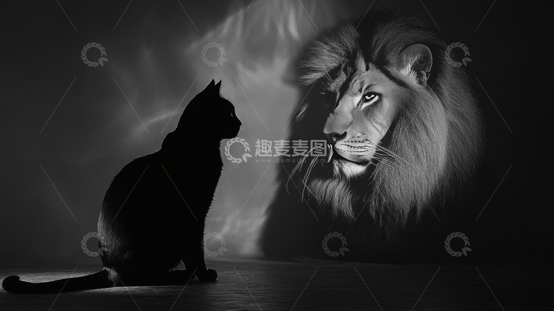 高清大图下载【趣麦麦图】黑猫凝视雄狮幻影