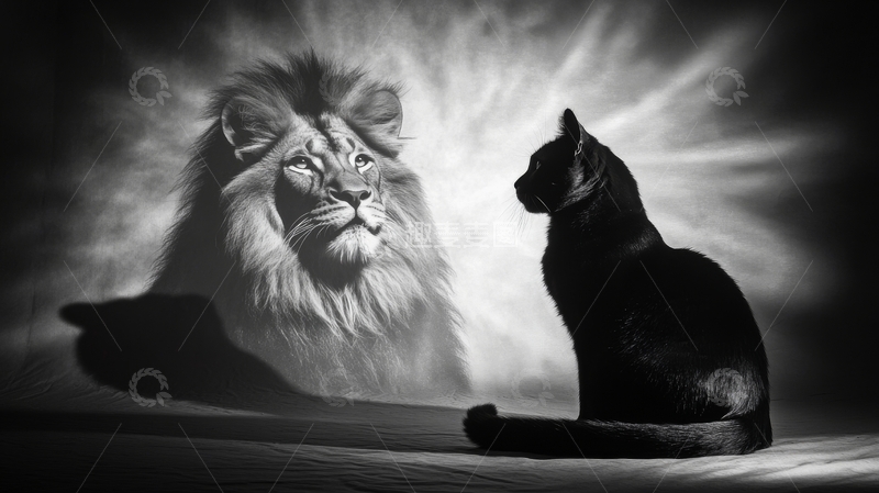 高清大图下载【趣麦麦图】黑白光影中的狮子与黑猫