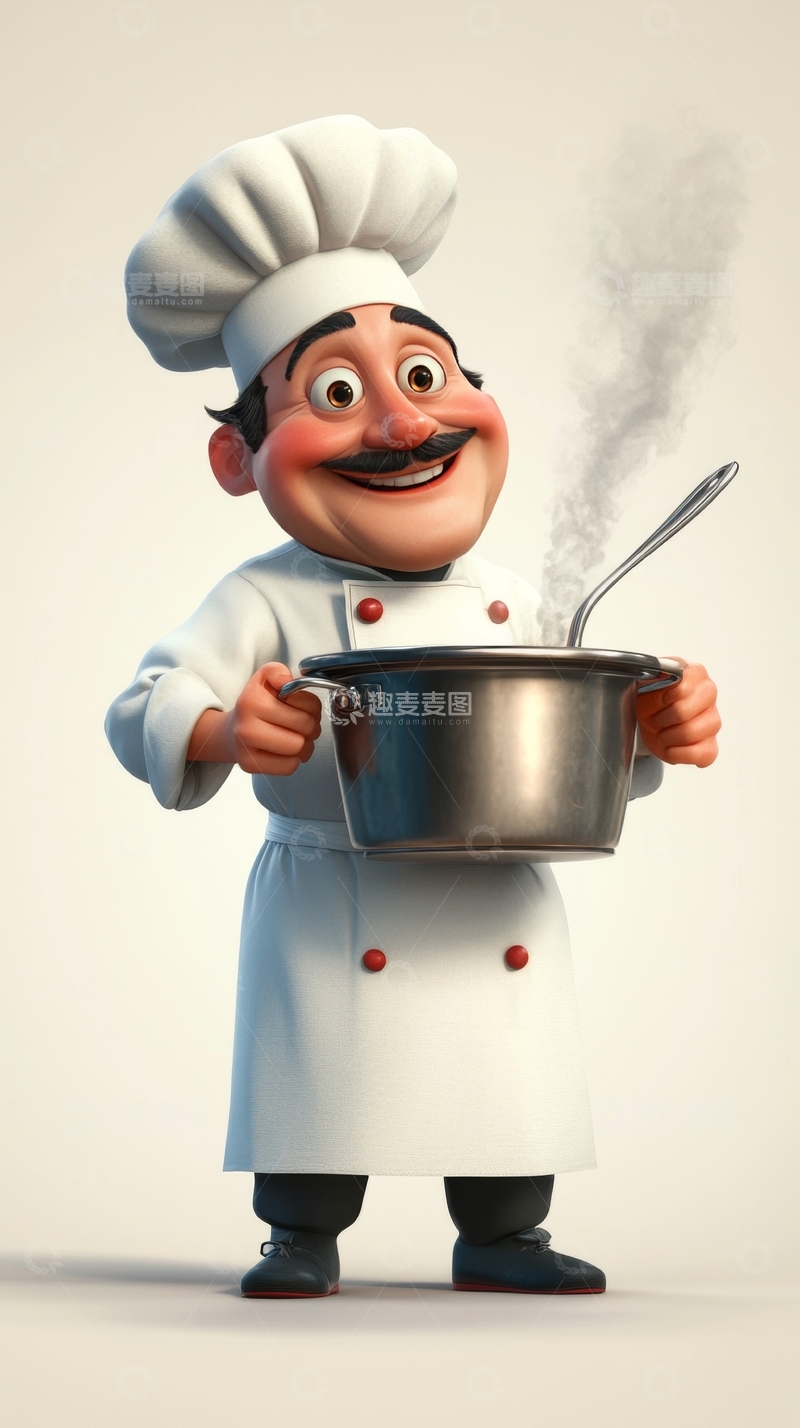 高清大图下载【趣麦麦图】卡通厨师手持大锅，蒸汽袅袅