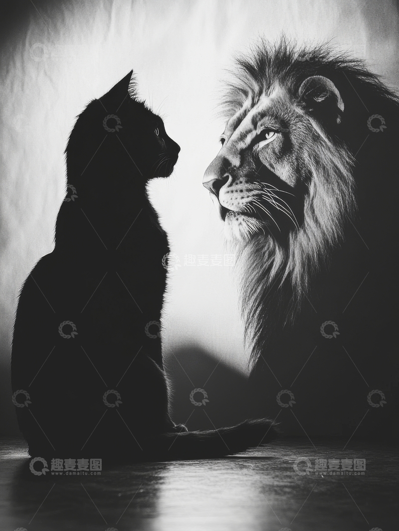 高清大图下载【趣麦麦图】黑白对比：猫与狮的对视